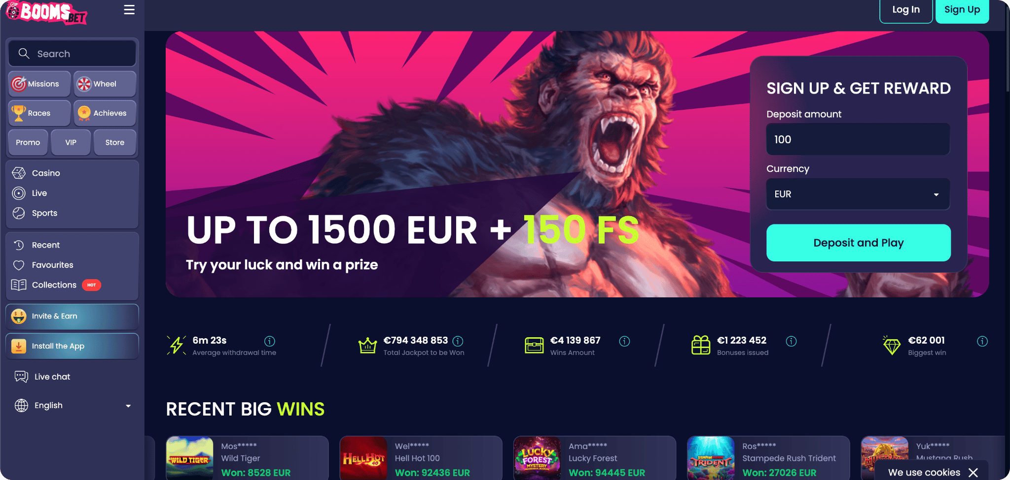 Booms.bet screenshot van de startpagina