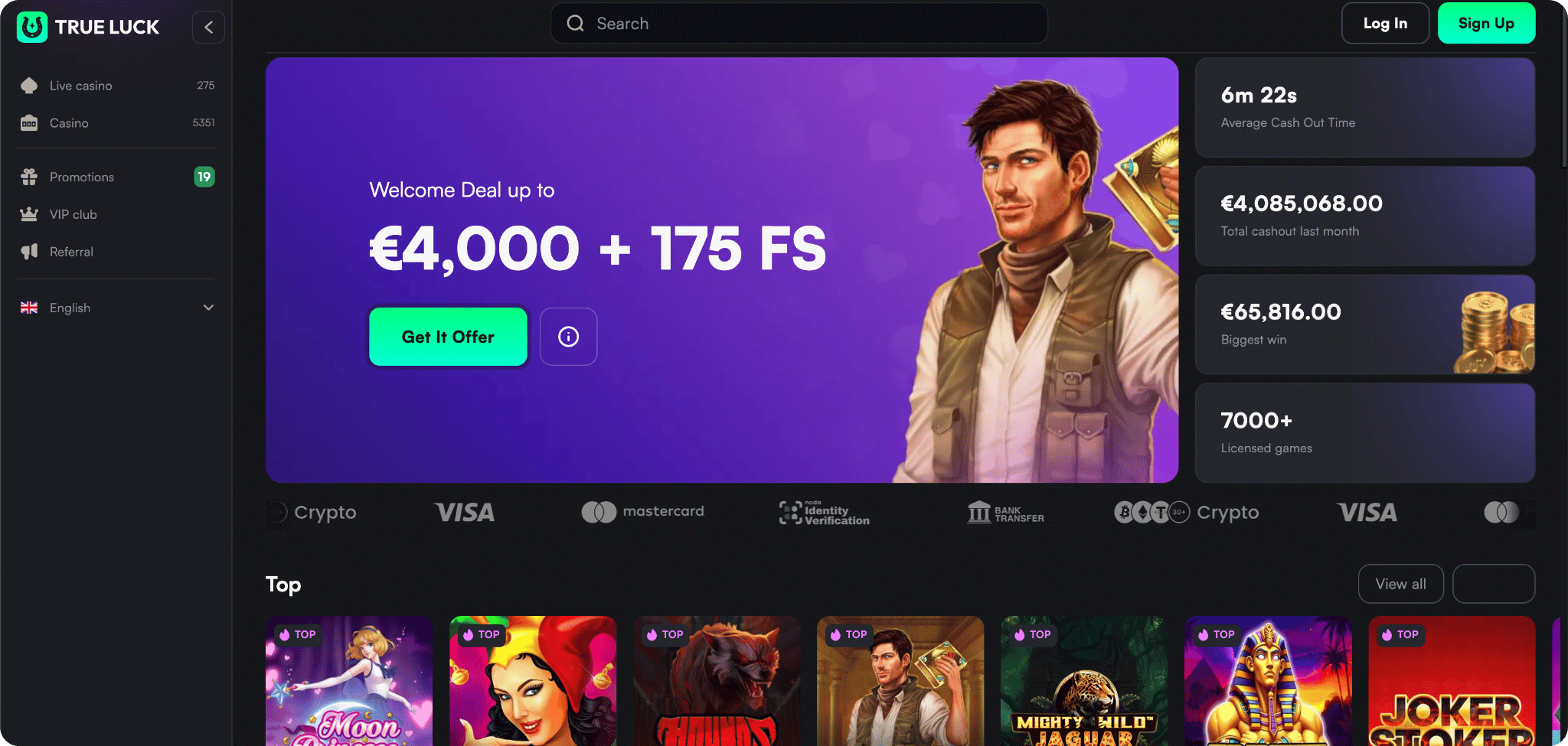 Trueluck screenshot van de startpagina